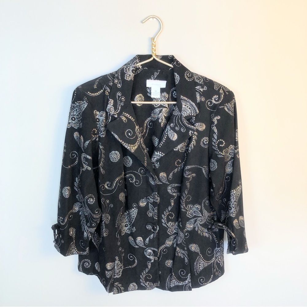 Black single breasted blazer silver&gold paisley pattern sparkly 1X made in USA